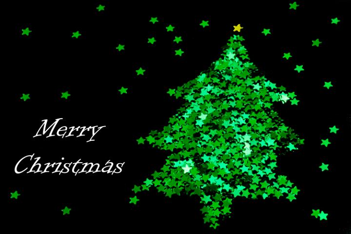 Christmas tree formed from multiple shiny little green stars with Merry Christmas text on a scattered star background