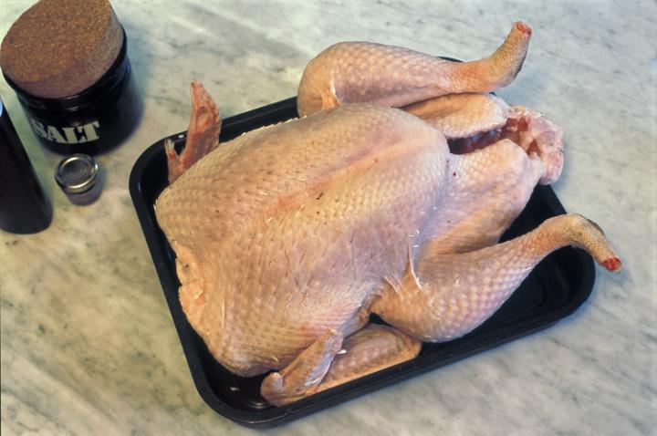 an uncooked turkey plucked and sat in a roasting tray ready for seasoning and cooking