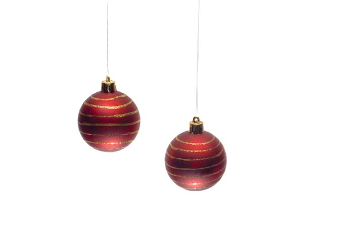two red hanging christmas baubles