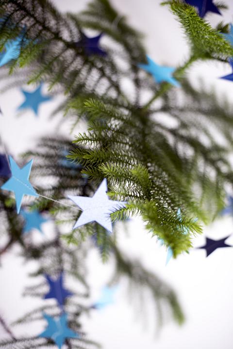 Simple natural evergreen pine Christmas tree decorated with blue stars in a close up tilted view