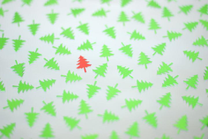a background of green pine tree shapes with a lone red tree standing out