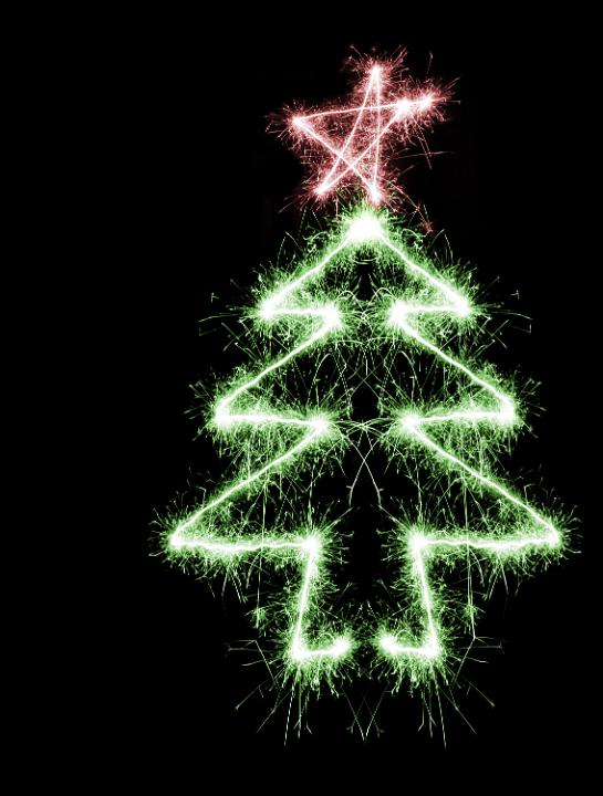 a red and green sparkling christams tree shape on a black background