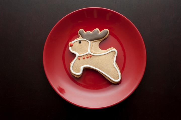 Overhead view of a single decorated gingerbread reindeer cookie with a red nose and collar and chocolate antlers for celebrating the Christmas season
