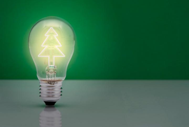 Illuminated light bulb containing a glowing Christmas tree conceptual of Christmas ideas and inspiration with copyspace