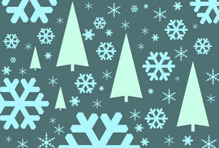 holiday backgrounds, a graphic tree and falling snowflake symbols
