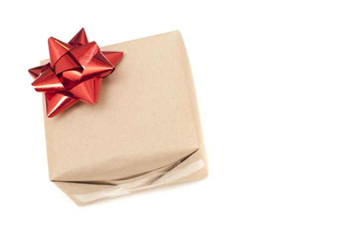 Plain simple isolated Christmas gift wrapped in brown paper with decorative red ribbon bow on one corner